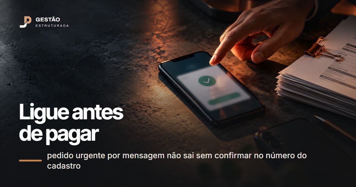 Mão sobre um celular com a tela de confirmação de pagamento, ao lado de boletos presos com clipe e de um segundo celular virado para baixo