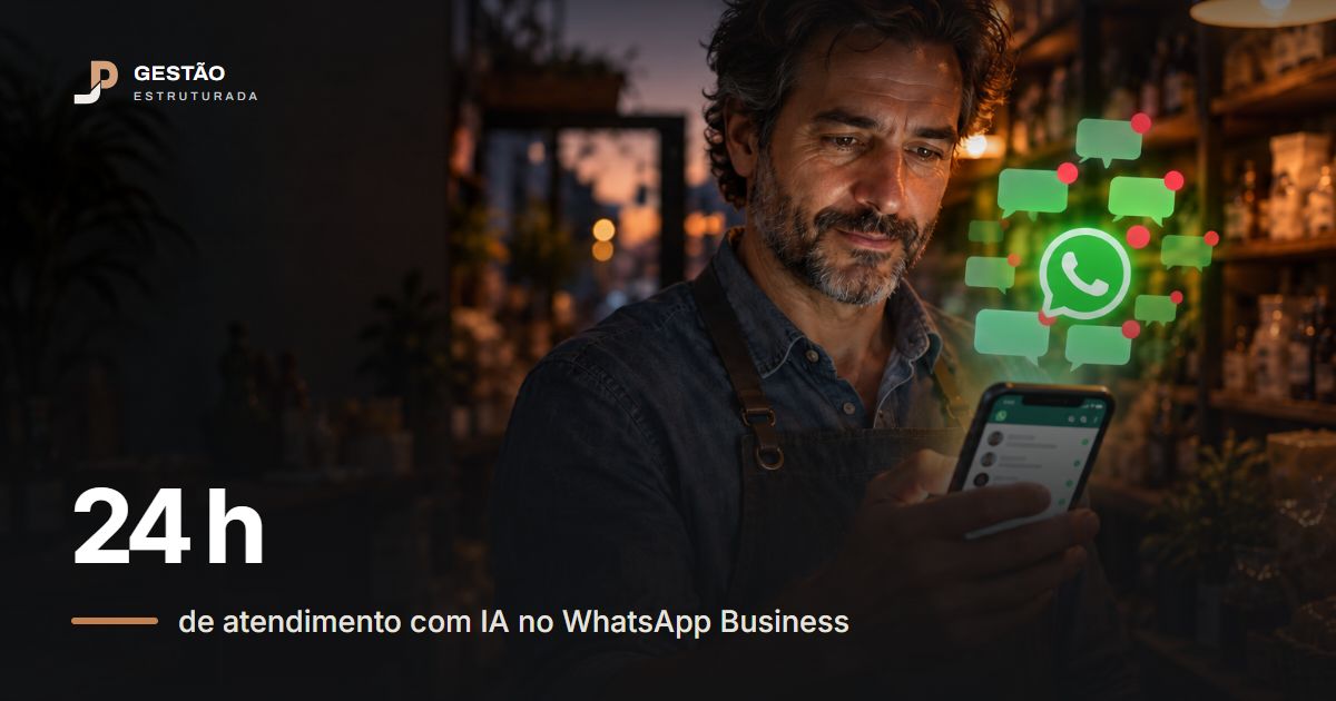 Dono de loja de avental respondendo clientes pelo celular, com o símbolo do WhatsApp e balões de mensagem saindo da tela