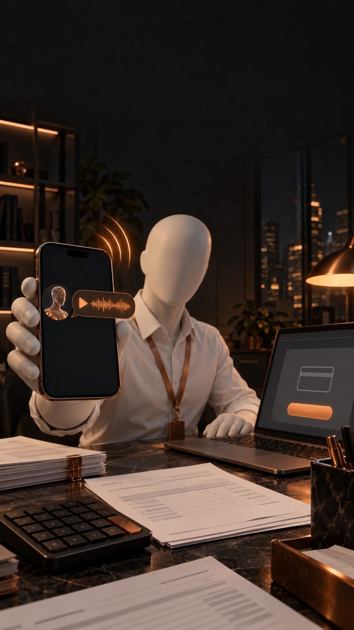 Ilustração: funcionário do financeiro segurando o celular com uma mensagem de voz do suposto dono