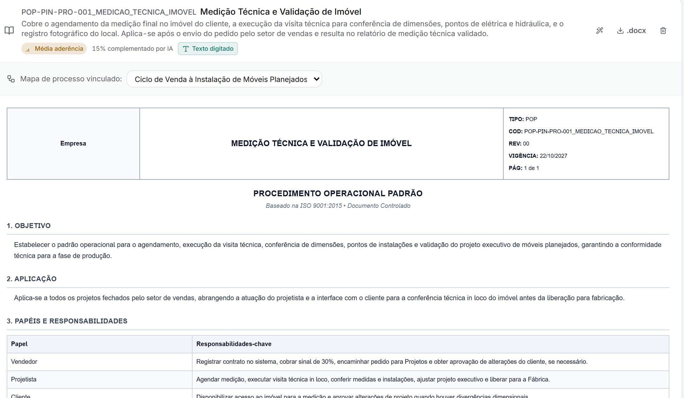 POP gerado no Nodarya, Medição Técnica e Validação de Imóvel: código, revisão e vigência no cabeçalho, objetivo, aplicação e a tabela de papéis e responsabilidades, ligado ao mapa do processo de venda à instalação