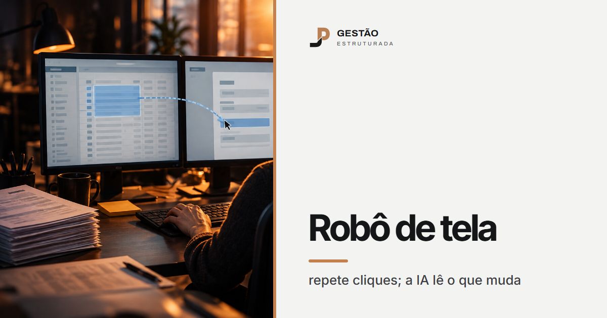 Pessoa no escritório copiando dados de uma tela para outra, com uma planilha aberta num monitor e o sistema da empresa no outro