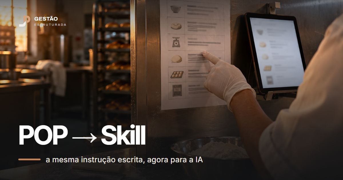 Mão de luva aponta um passo do procedimento ilustrado preso na parede de inox da cozinha de uma padaria, com um tablet ao lado mostrando a mesma lista