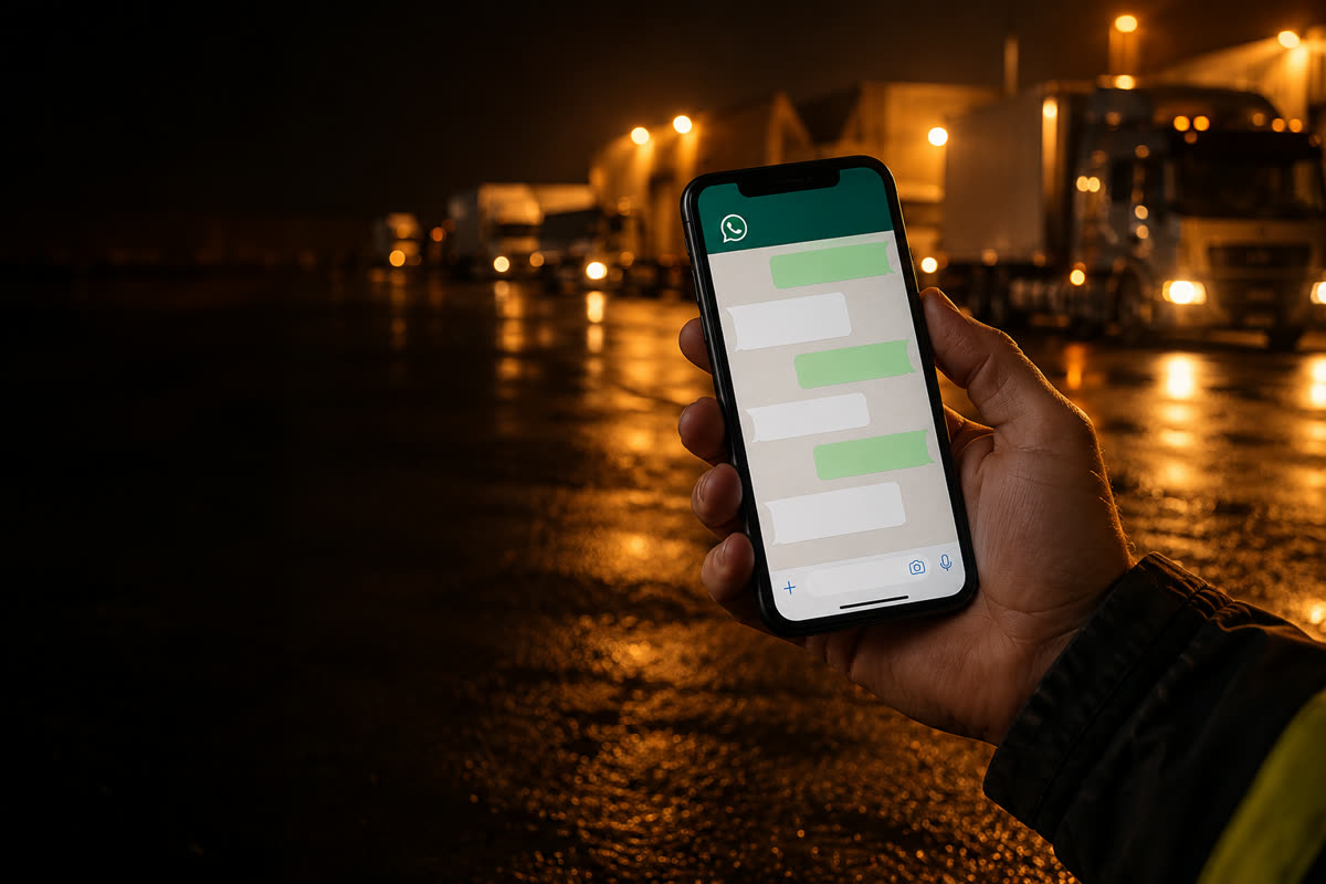Mão segura um celular com uma conversa aberta; ao fundo, pátio de transportadora com caminhões ao entardecer