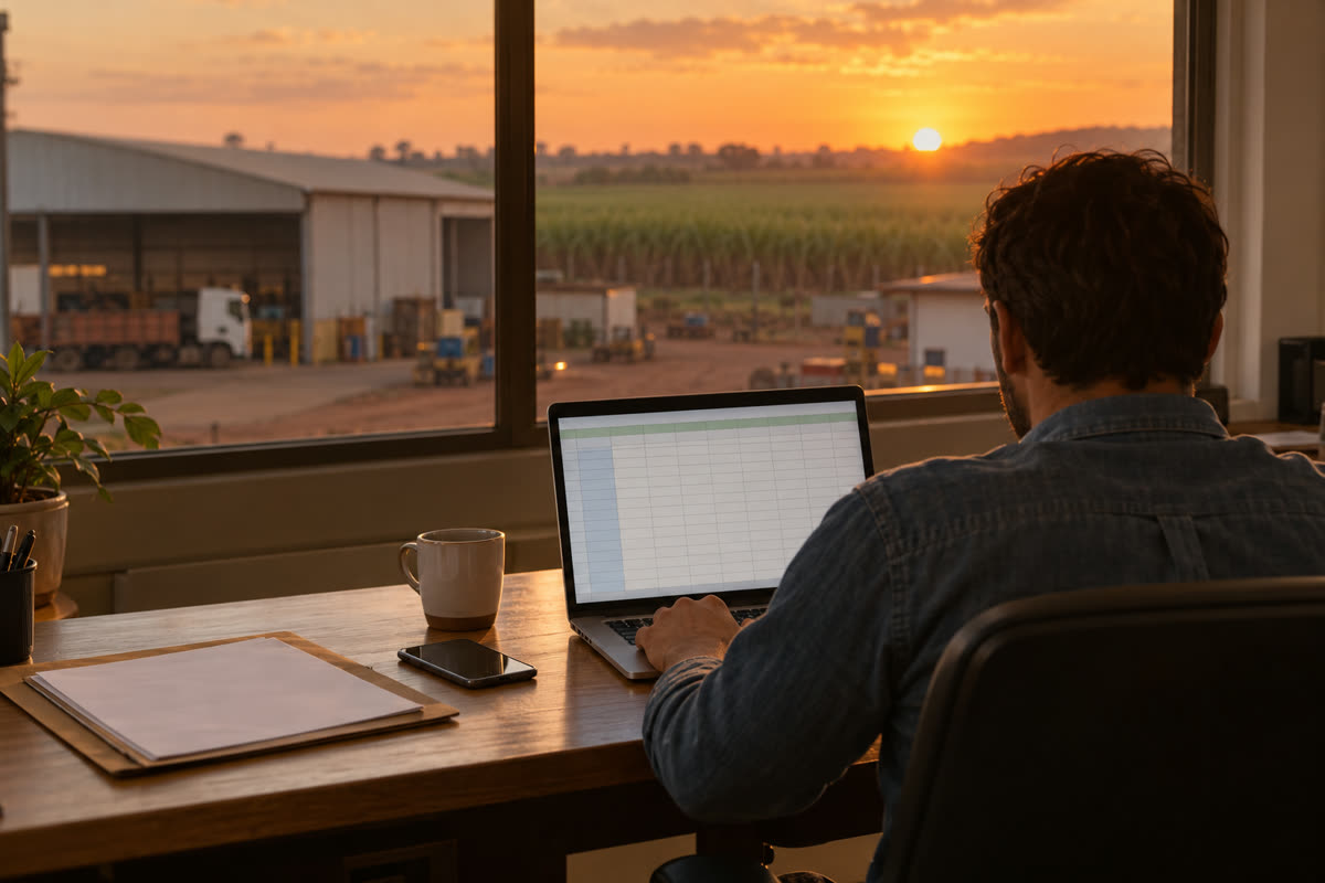 Fim de tarde no escritório de uma pequena empresa do interior paulista: notebook com planilha e celular na mesa; pela janela, galpão, caminhão e canavial