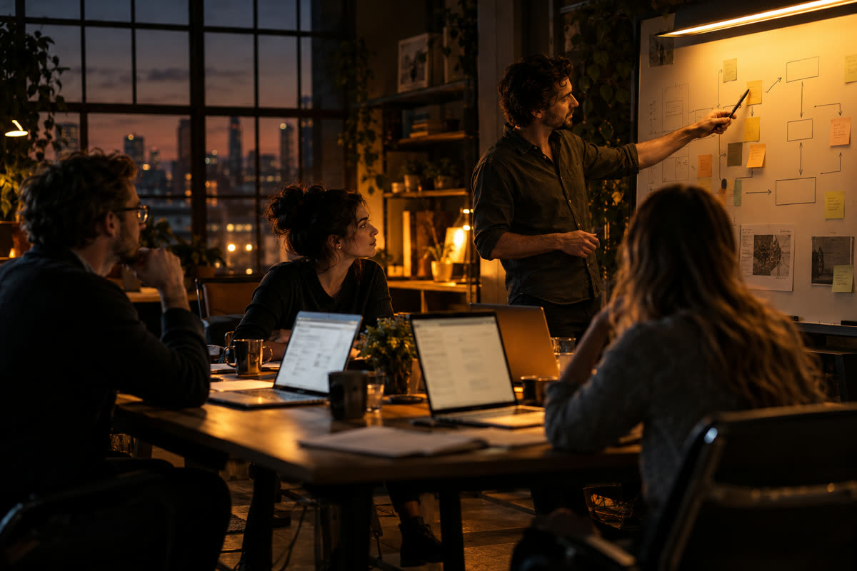 Equipe reunida no fim da tarde em volta da mesa com notebooks, enquanto quem conduz aponta um fluxo de post-its no quadro
